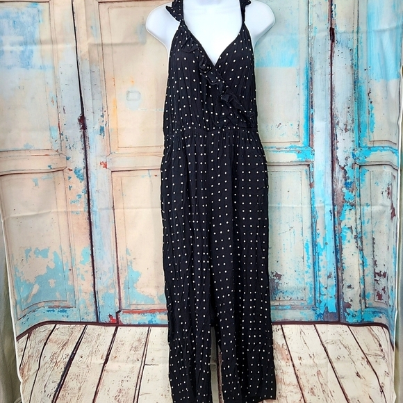 Madewell Black Ruffle Front Wrap Jumpsuit in Grid Dot - Picture 3 of 11